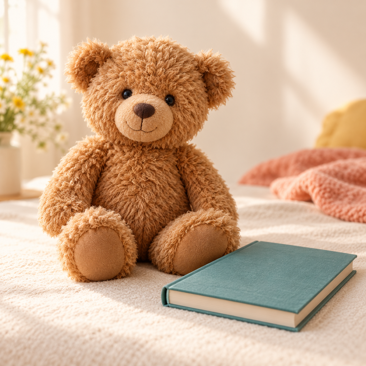 A soft teddy bear beside a teal storybook in warm window light