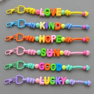 Colorful single-strand chunky bead keychains with semicircle end rings. Handmade colors vary.